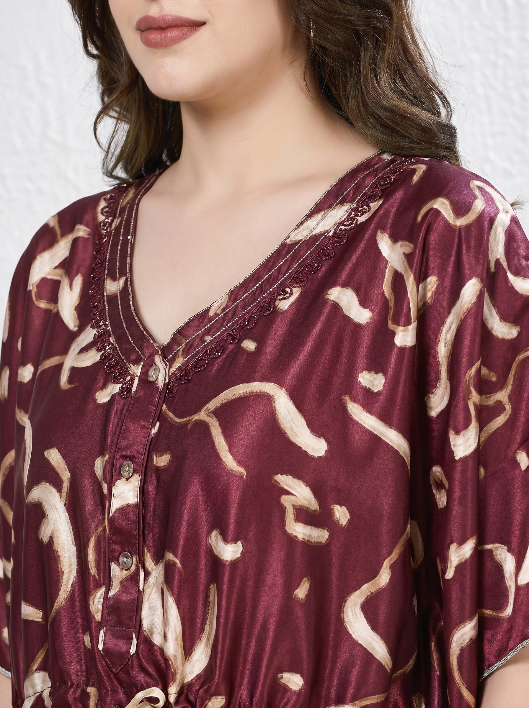 Wine Abstract Print Satin Kaftan