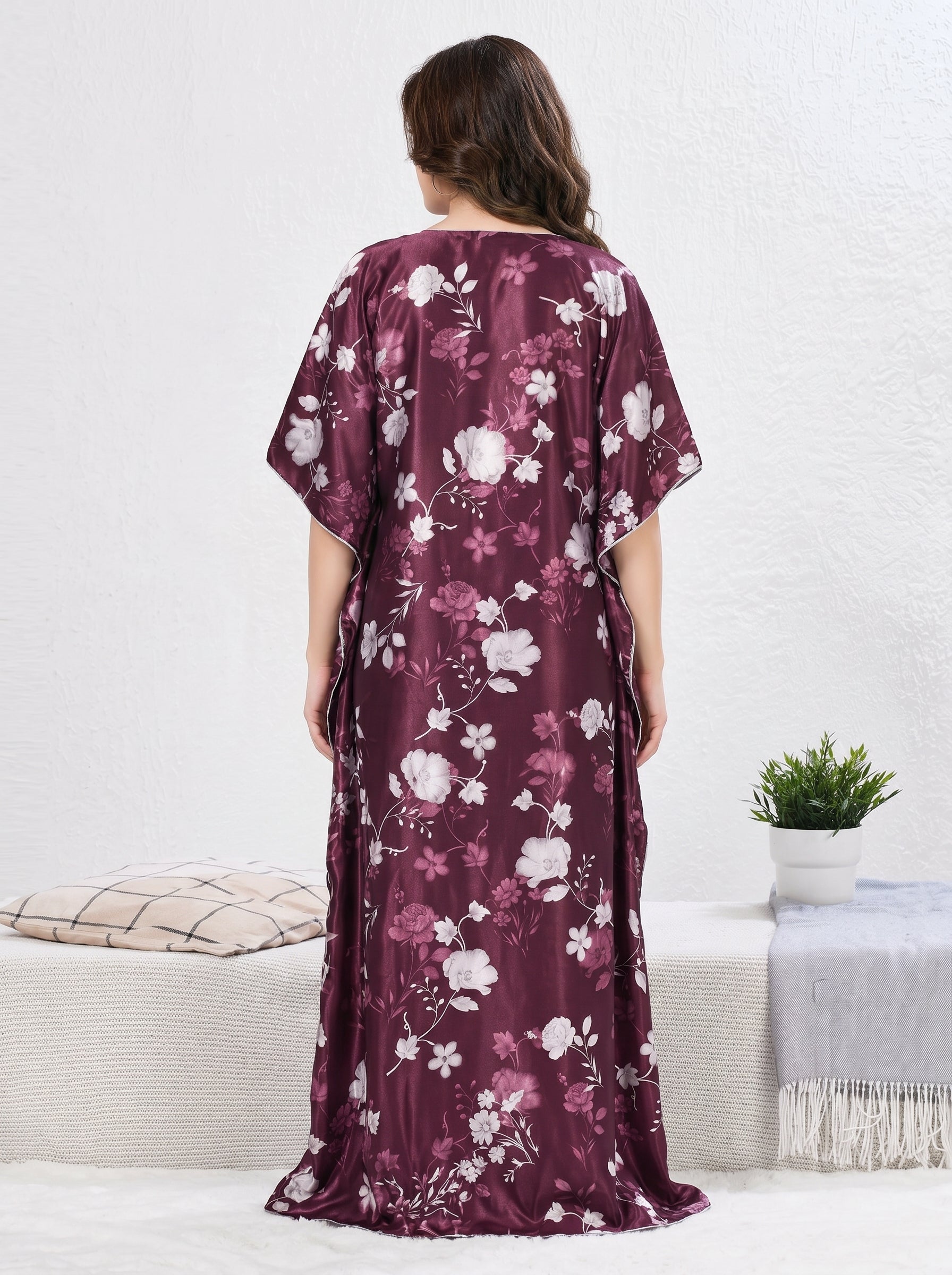 Floral Wine Satin Lounge Kaftan