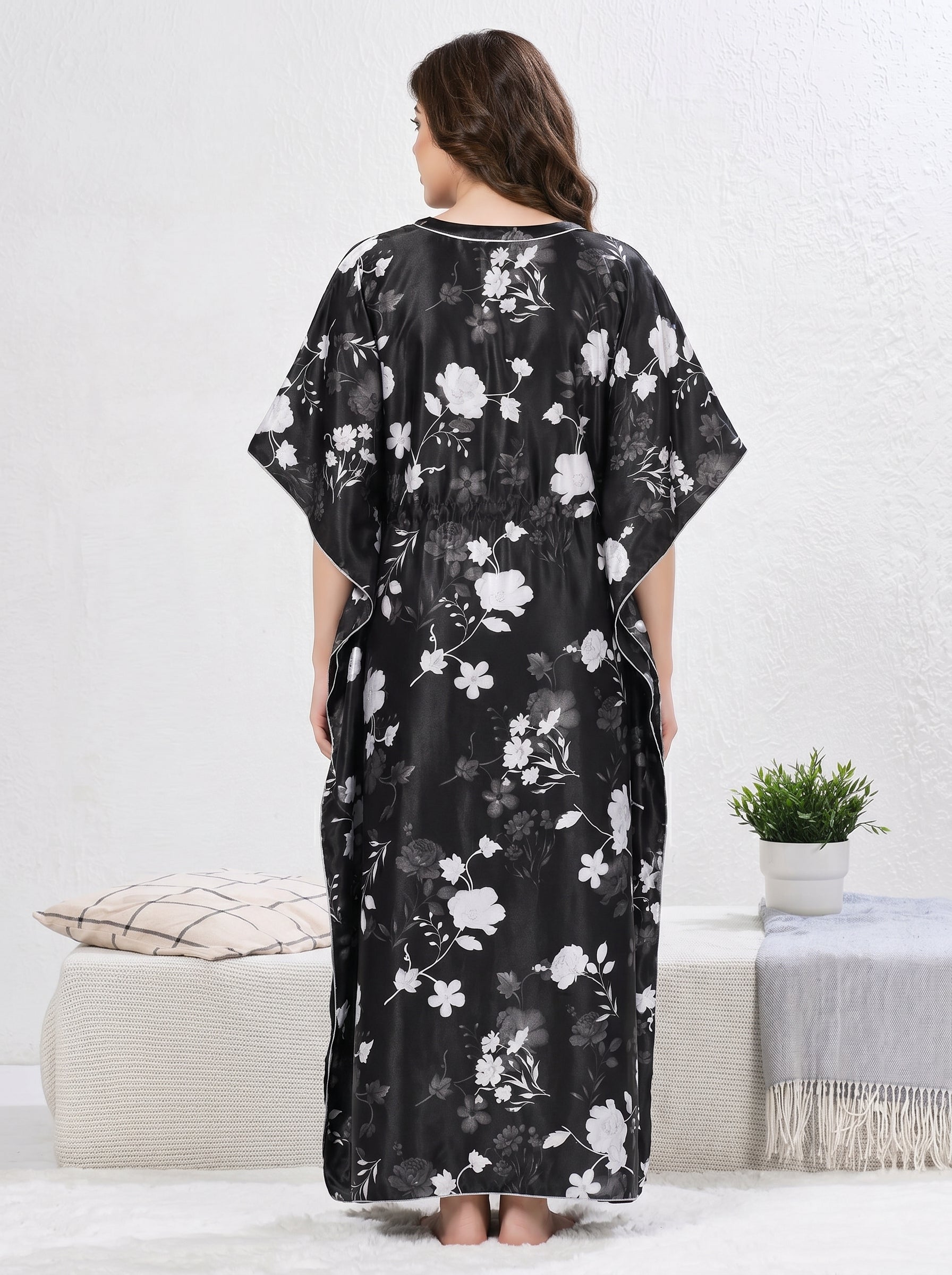 Black Floral Satin Kaftan Nightdress