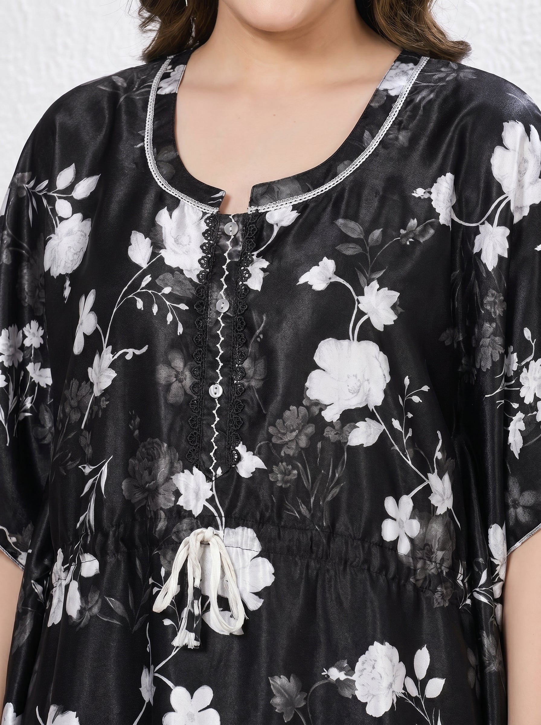 Black Floral Satin Kaftan Nightdress
