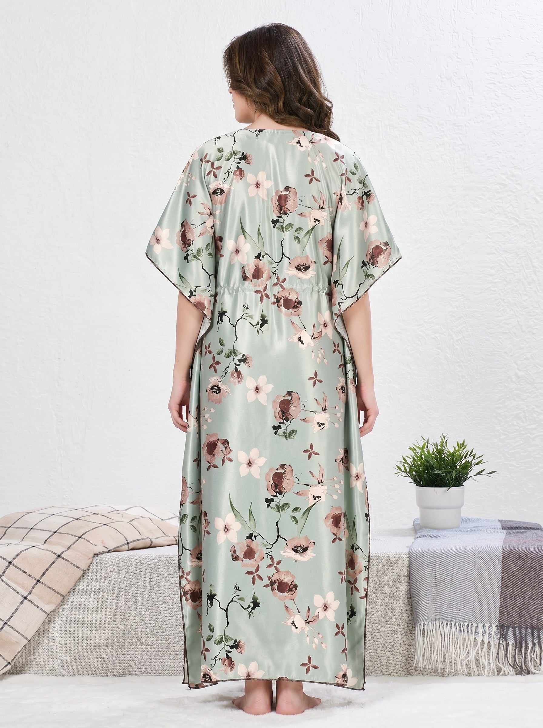 Mint Green Floral Satin Kaftan