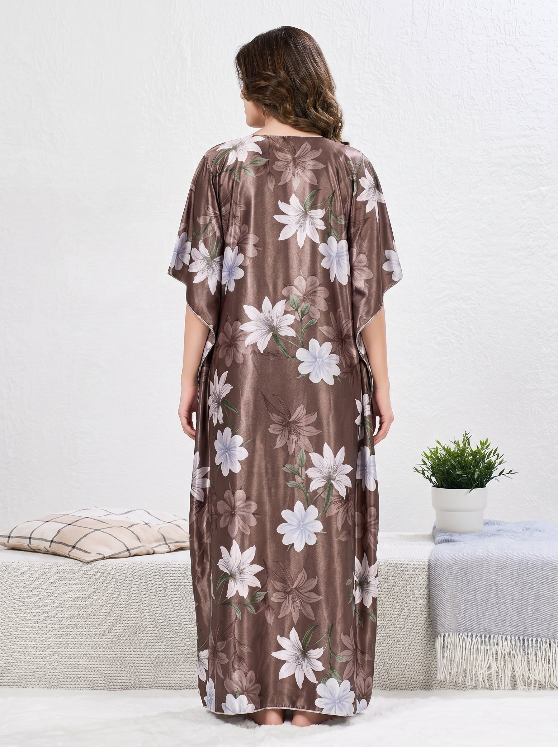 Mocha Floral Satin Lounge Wear Kaftan