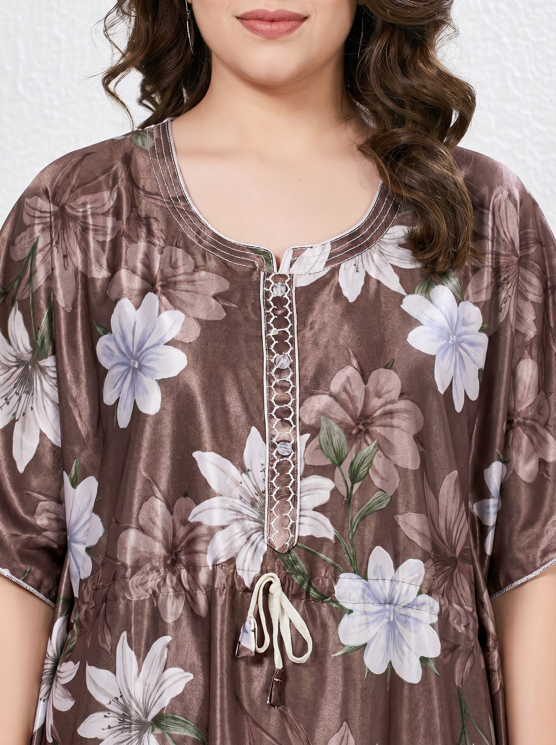 Mocha Floral Satin Lounge Wear Kaftan