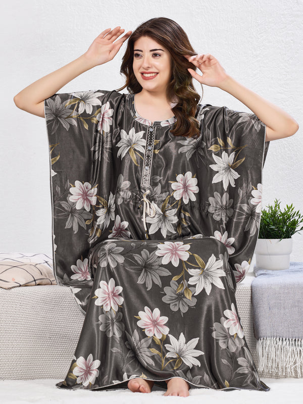 Charcoal Grey Floral Satin Kaftan
