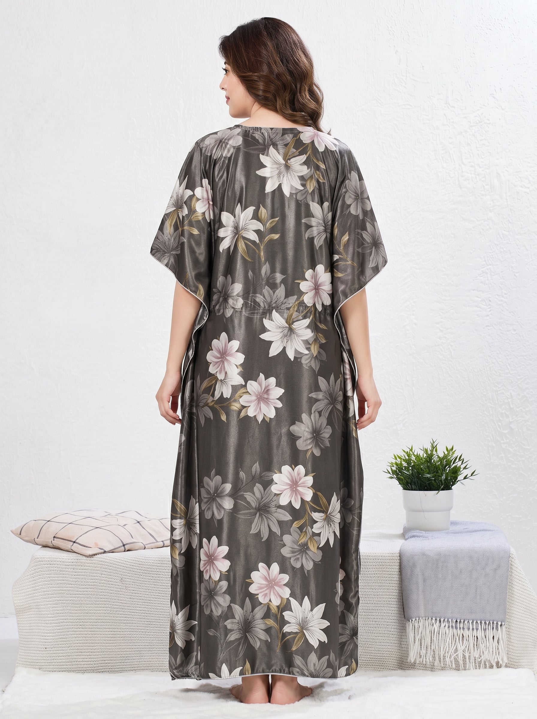 Charcoal Grey Floral Satin Kaftan