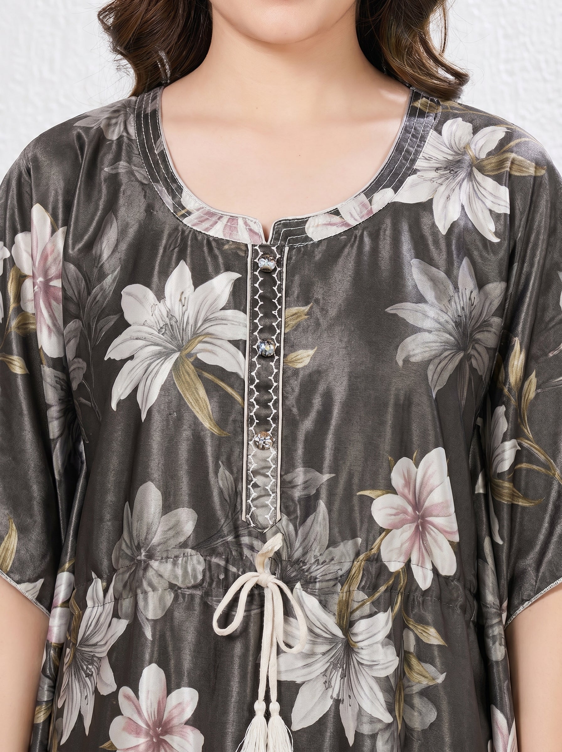 Charcoal Grey Floral Satin Kaftan