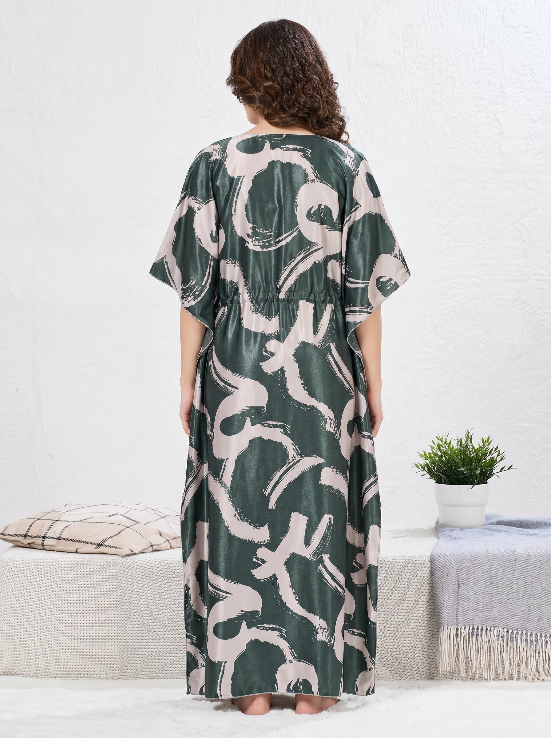 Emerald Abstract Satin Lounge Kaftan