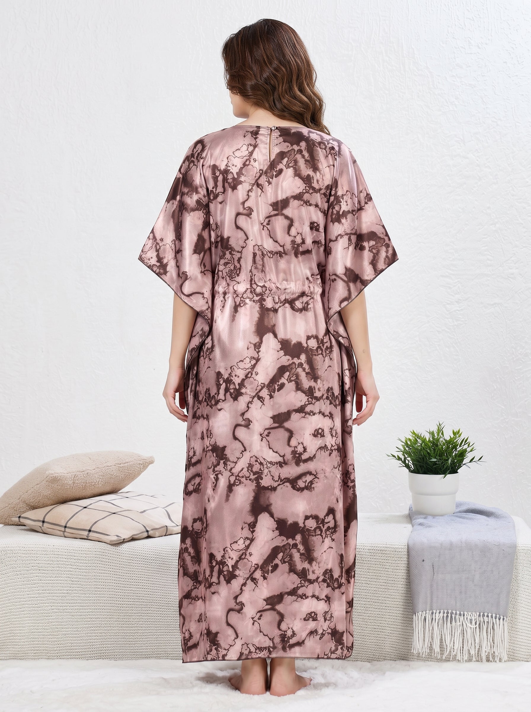 Rose Marble Satin Kaftan Nighty