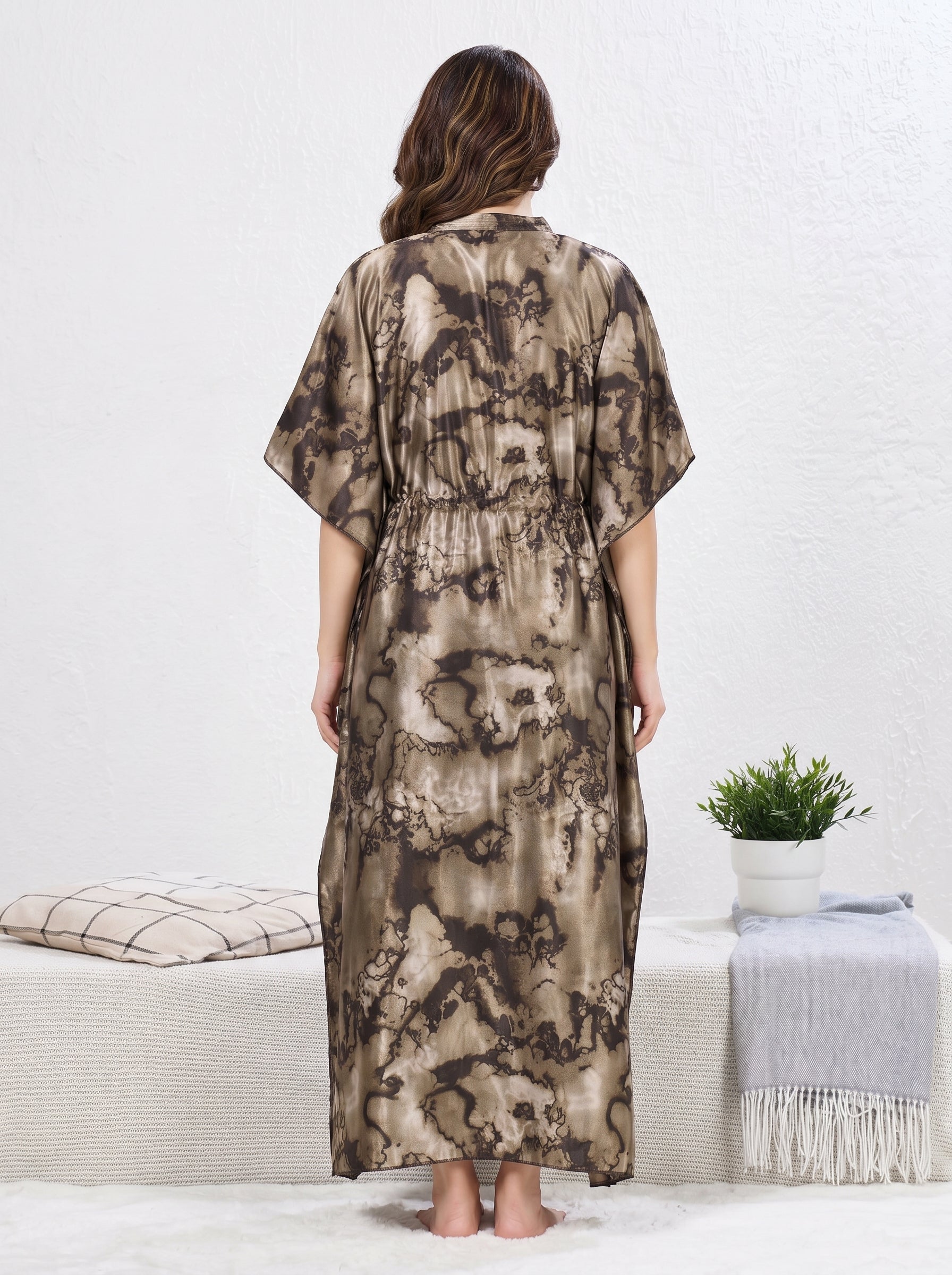 Golden Marble Print Satin Kaftan