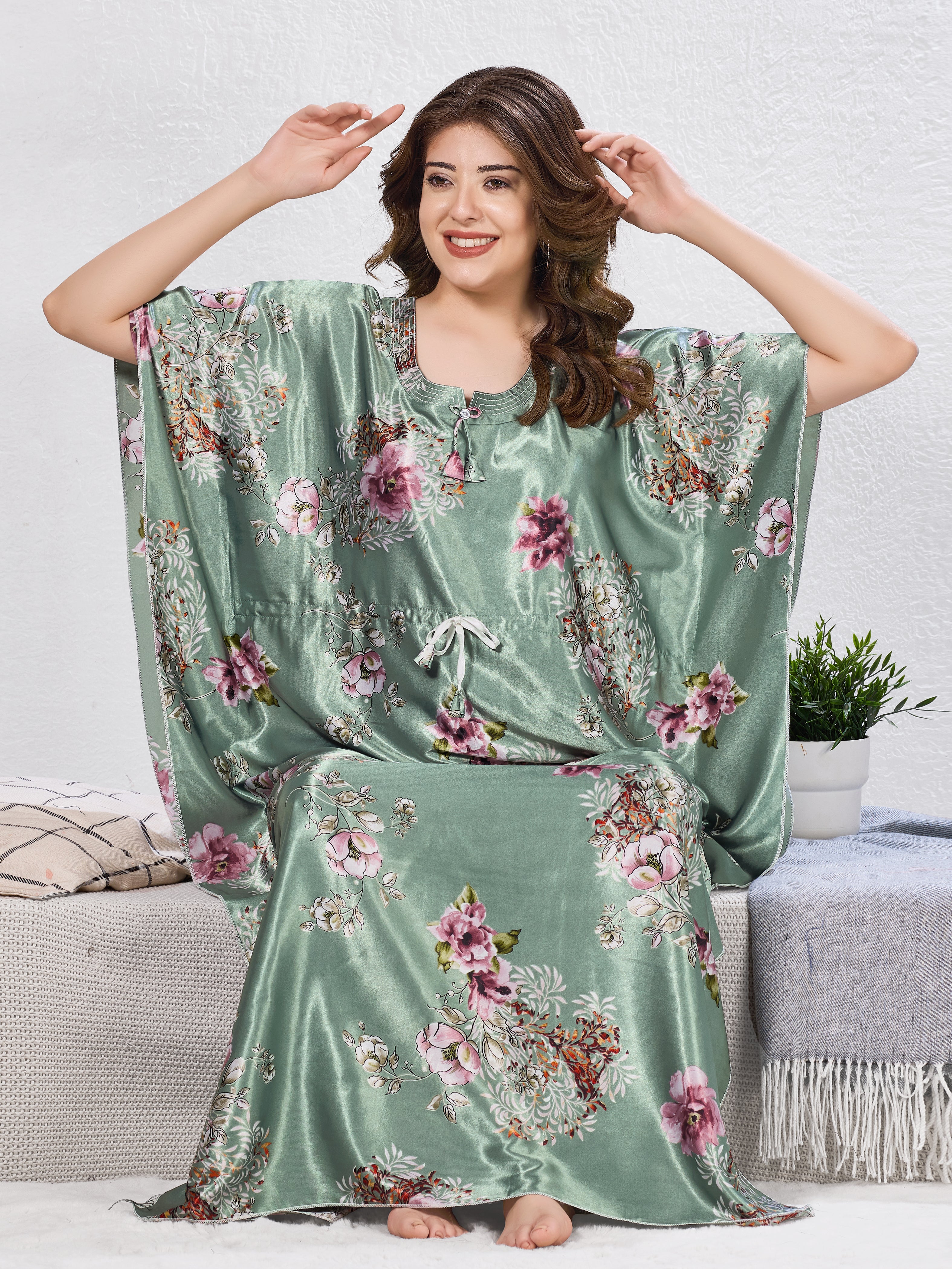 Mint Floral Satin Kaftan Dress