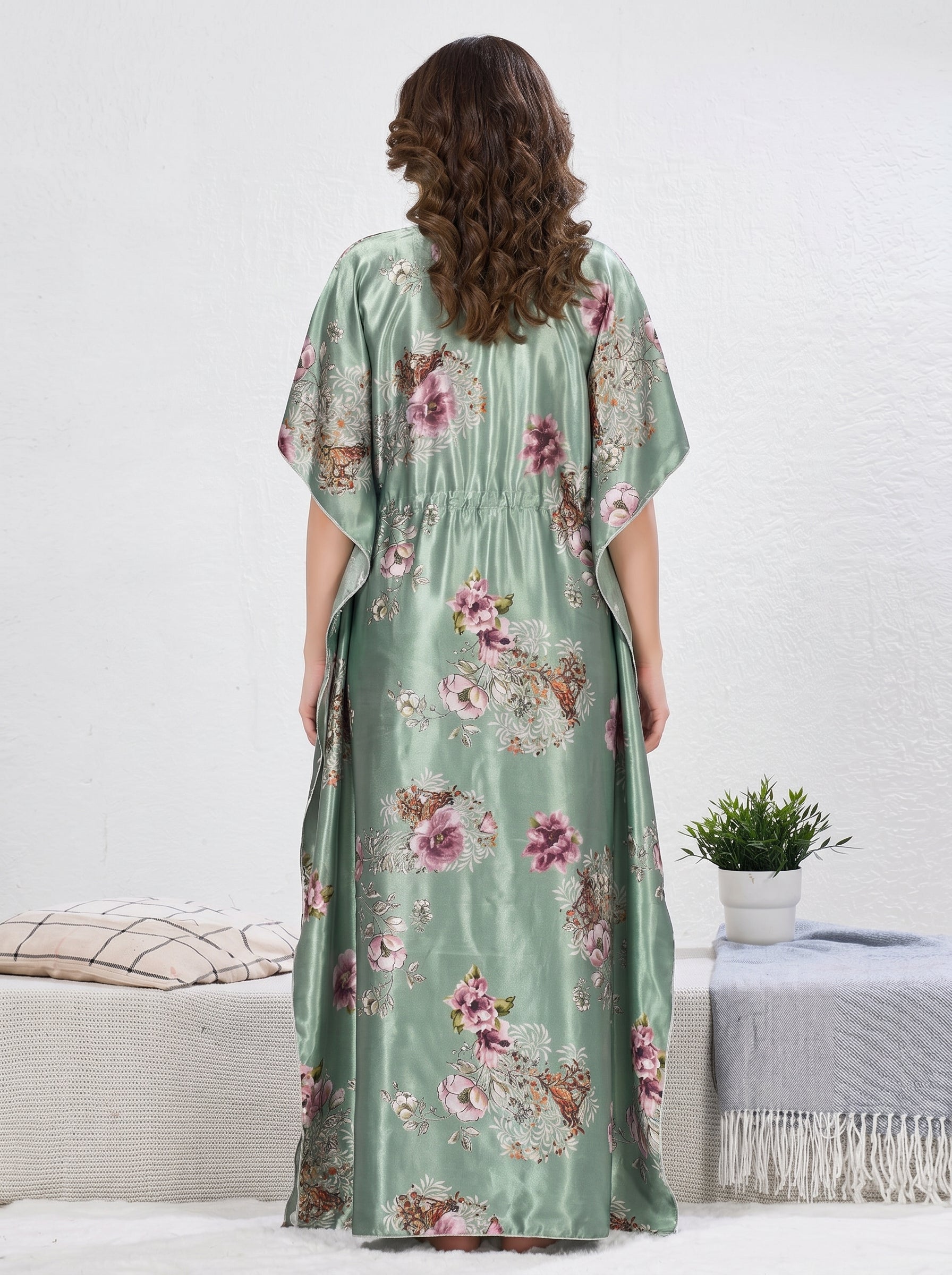 Mint Floral Satin Kaftan Dress