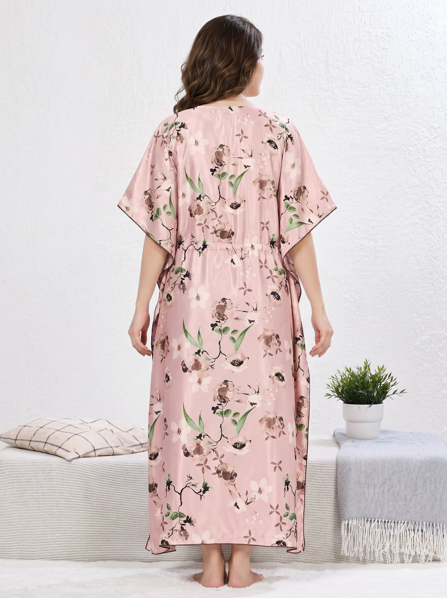Blush Pink Floral Satin Kaftan