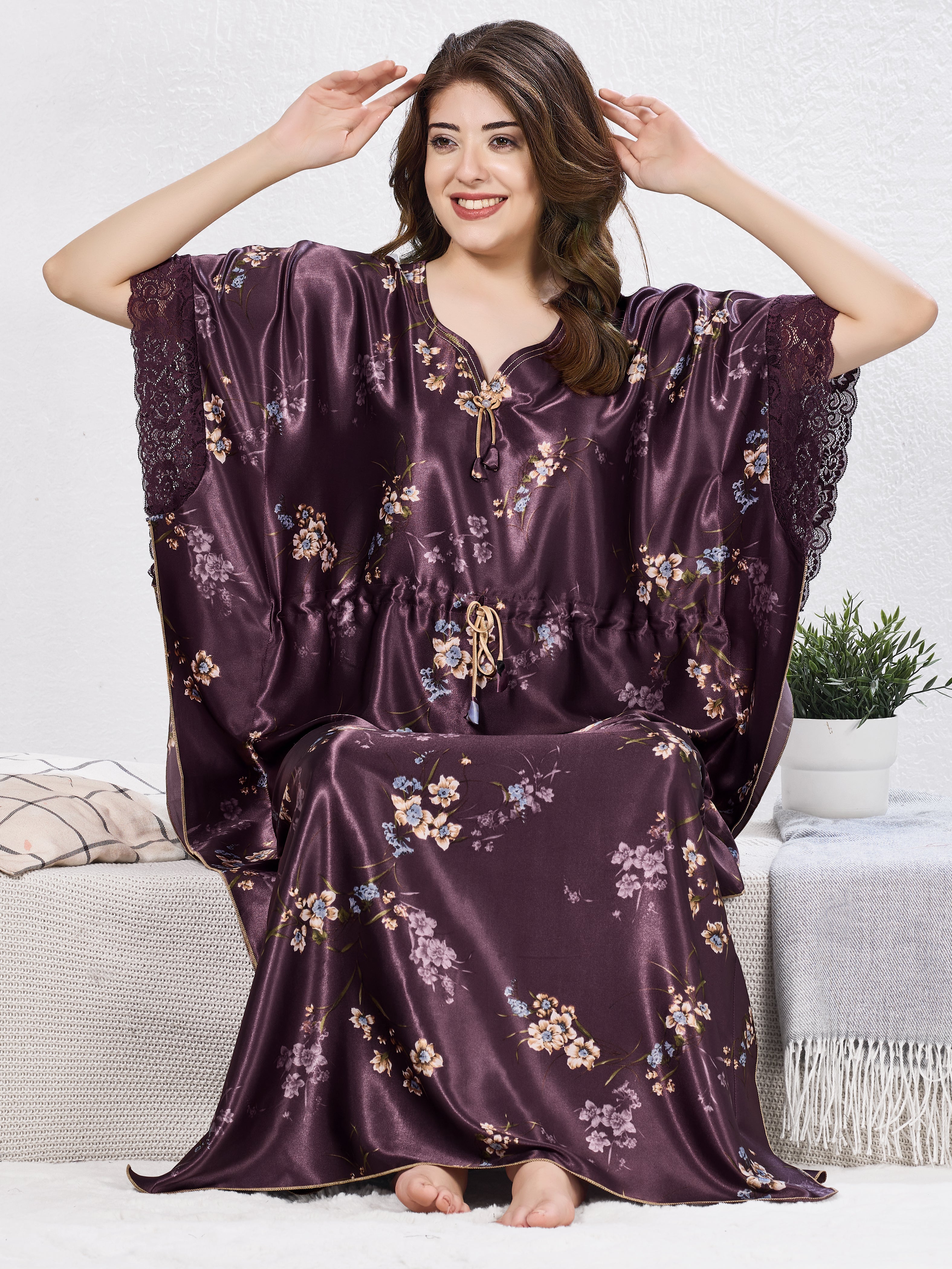 Plum Lace Sleeve Satin Kaftan
