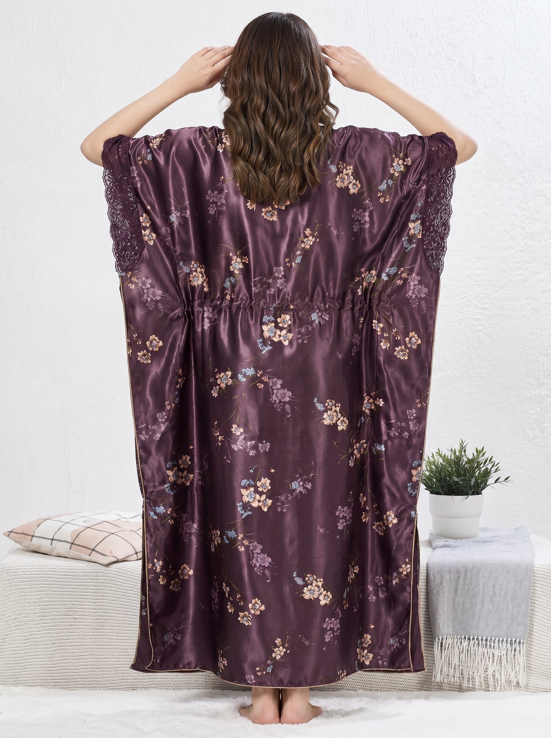 Plum Lace Sleeve Satin Kaftan