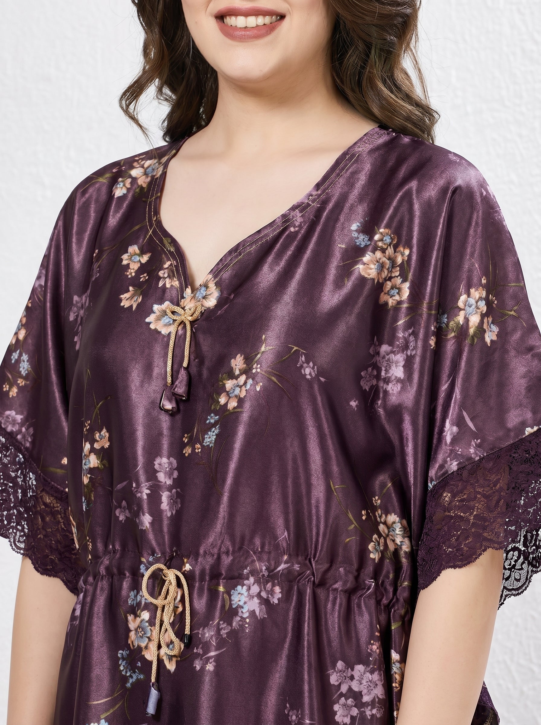 Plum Lace Sleeve Satin Kaftan