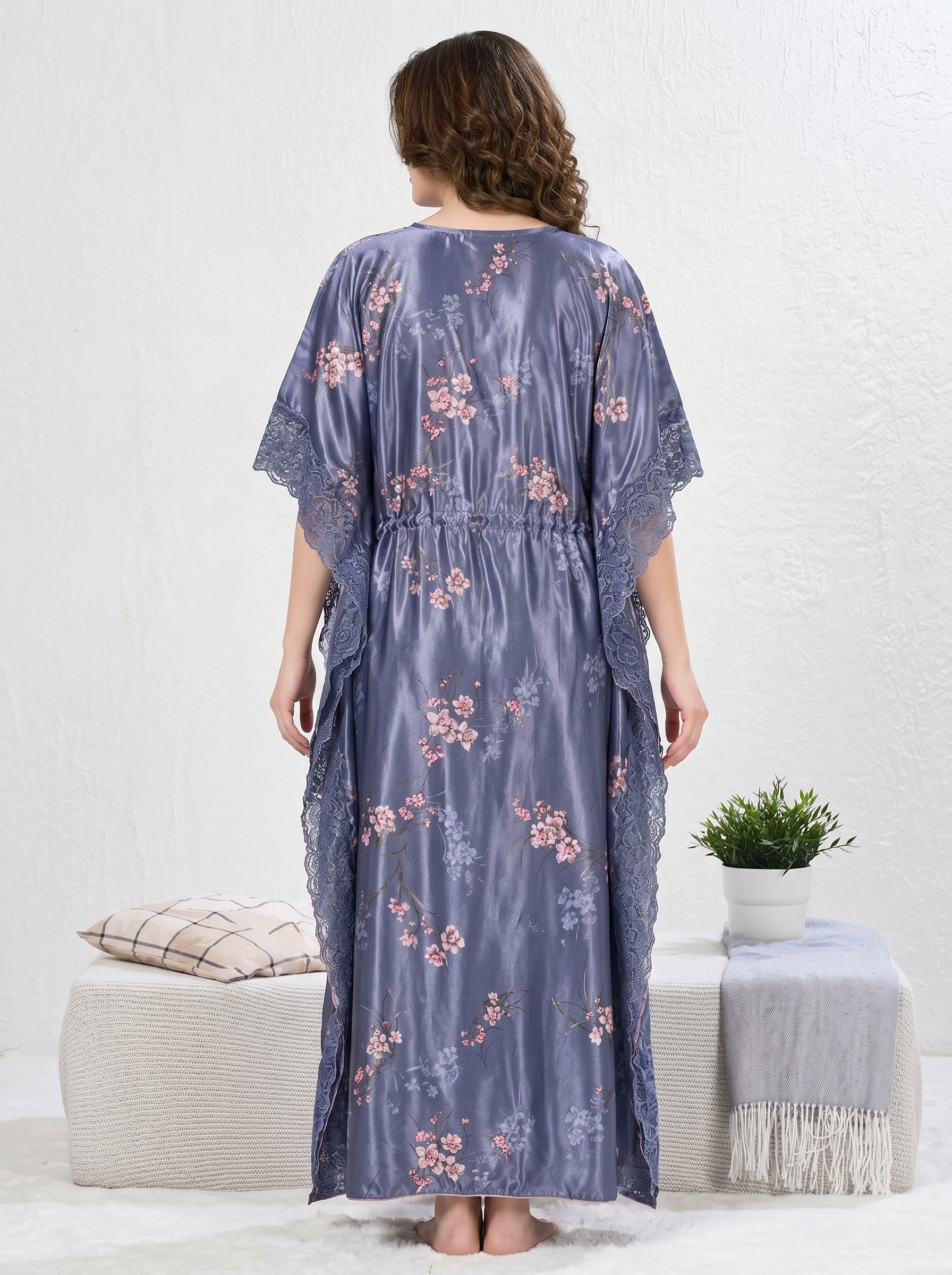 Lavender Bloom Satin Kaftan Nightdress