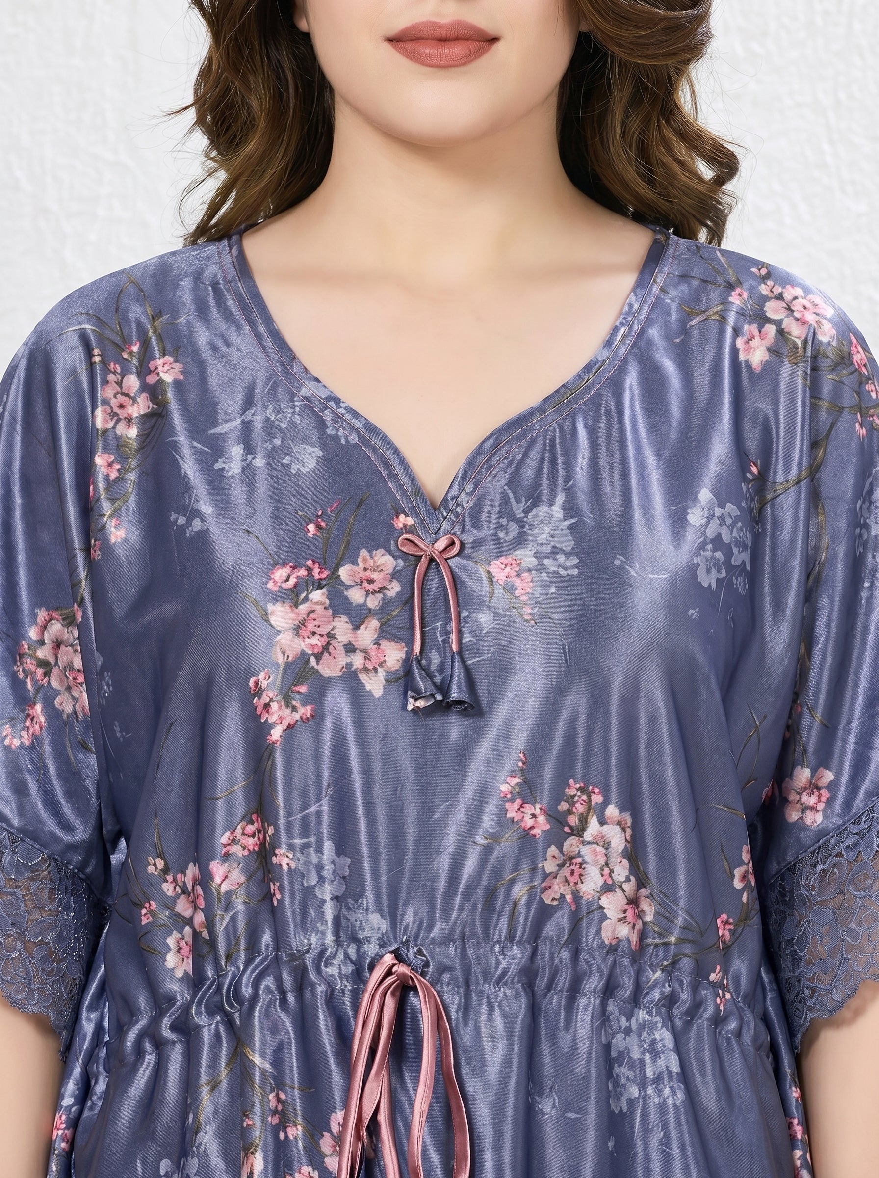 Lavender Bloom Satin Kaftan Nightdress