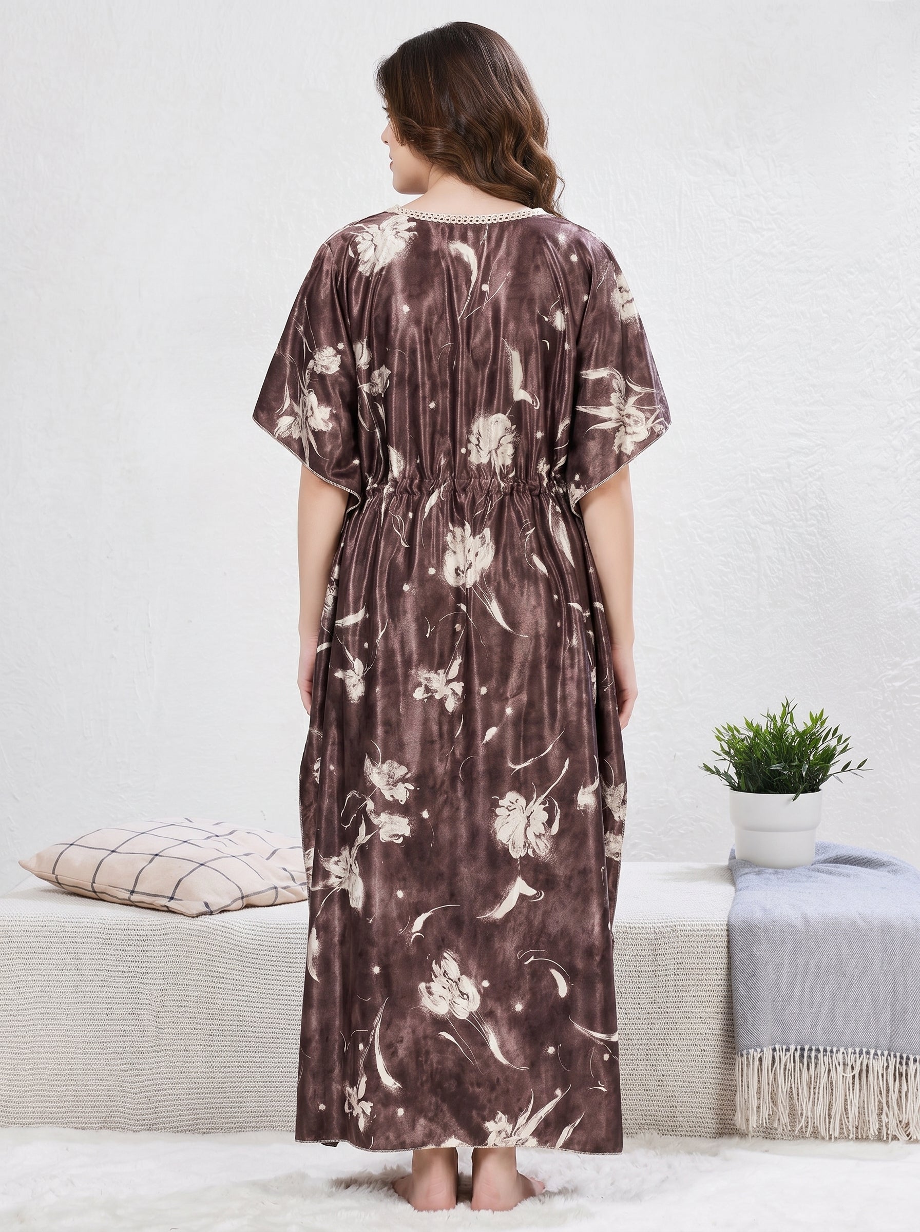 Cocoa Floral Satin Kaftan Nighty