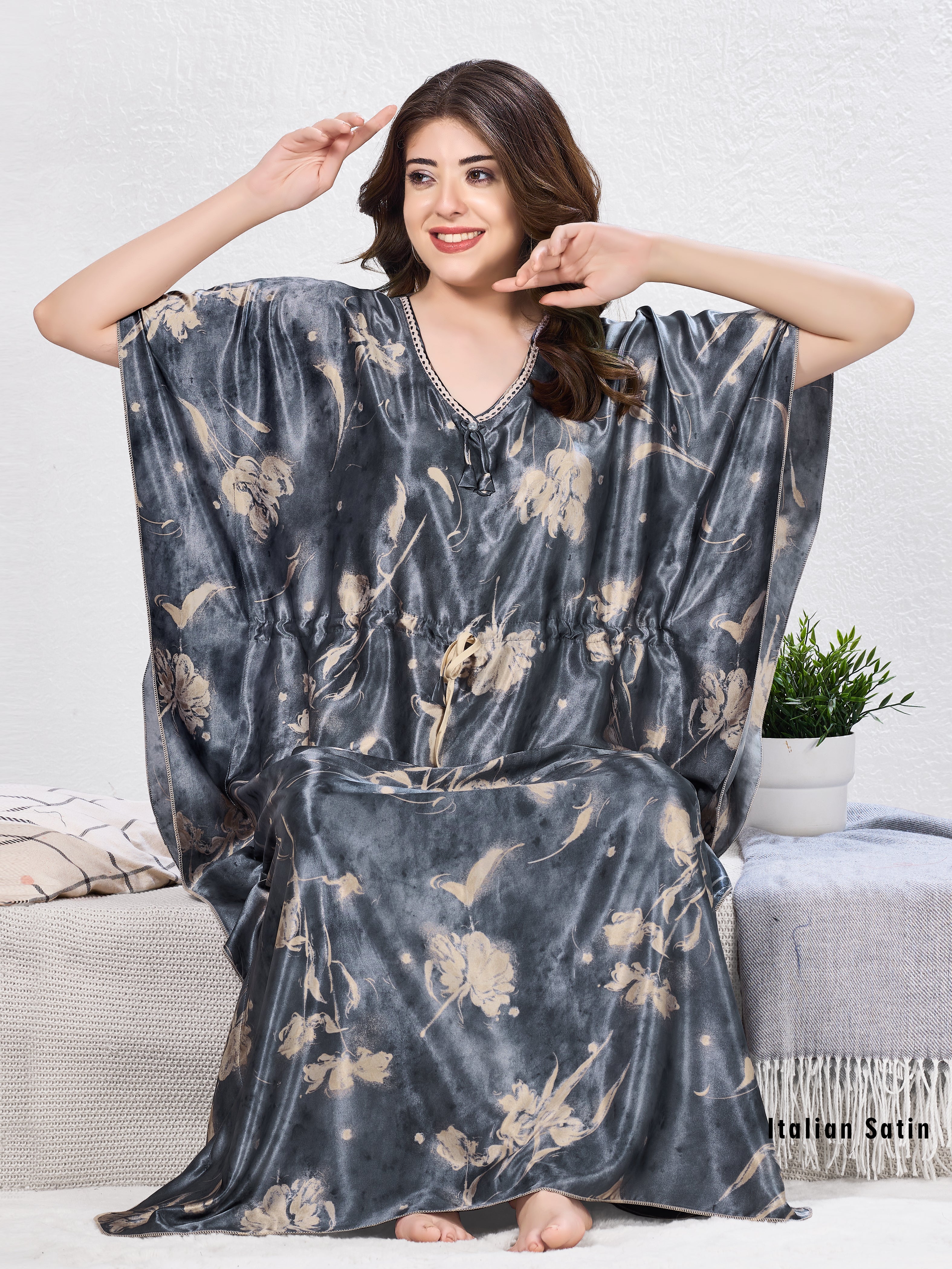 Smokey Grey Floral Satin Kaftan