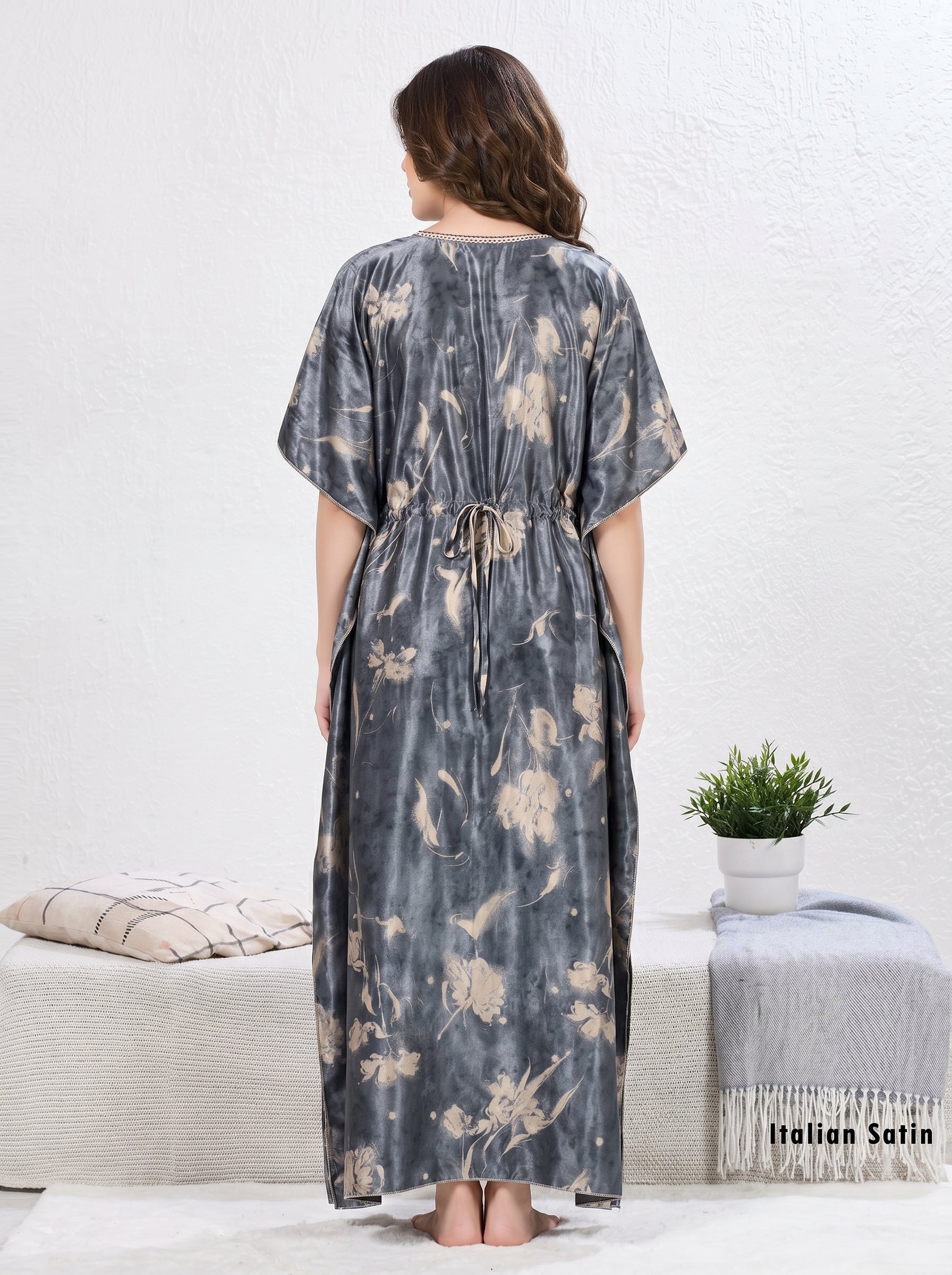 Smokey Grey Floral Satin Kaftan
