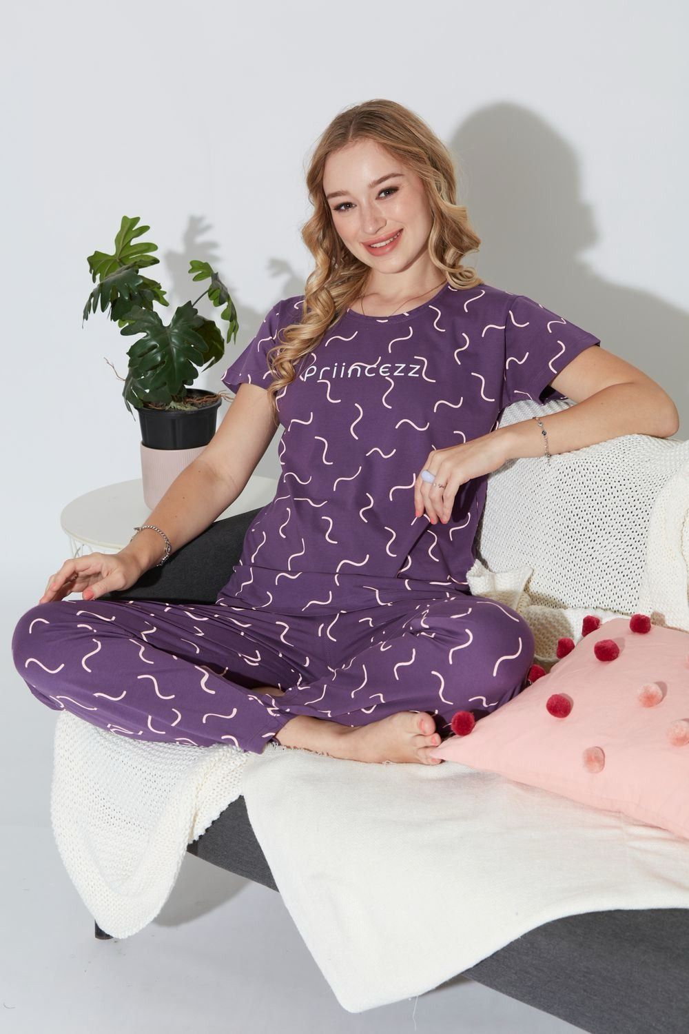 Plum Wave Print Full Pant