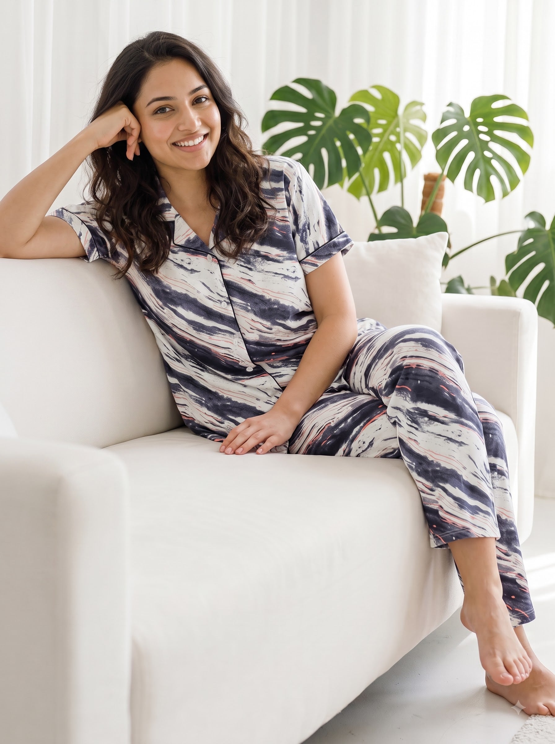 Women's Navy Abstract Print Collared Night Suit