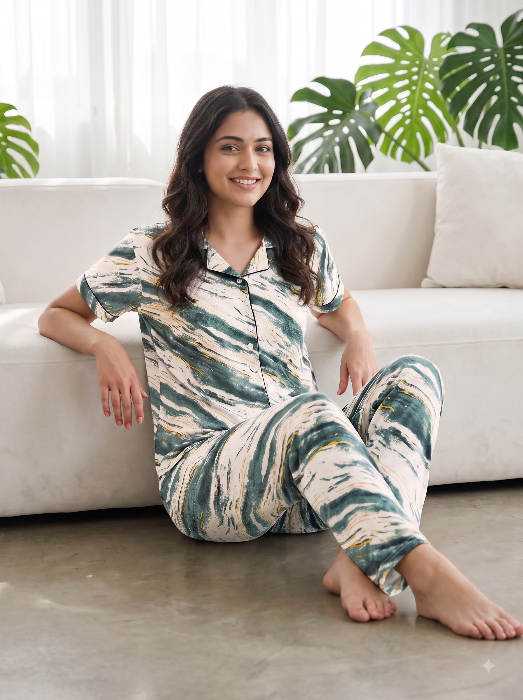 Women's Green Marble Print Collared Night Suit
