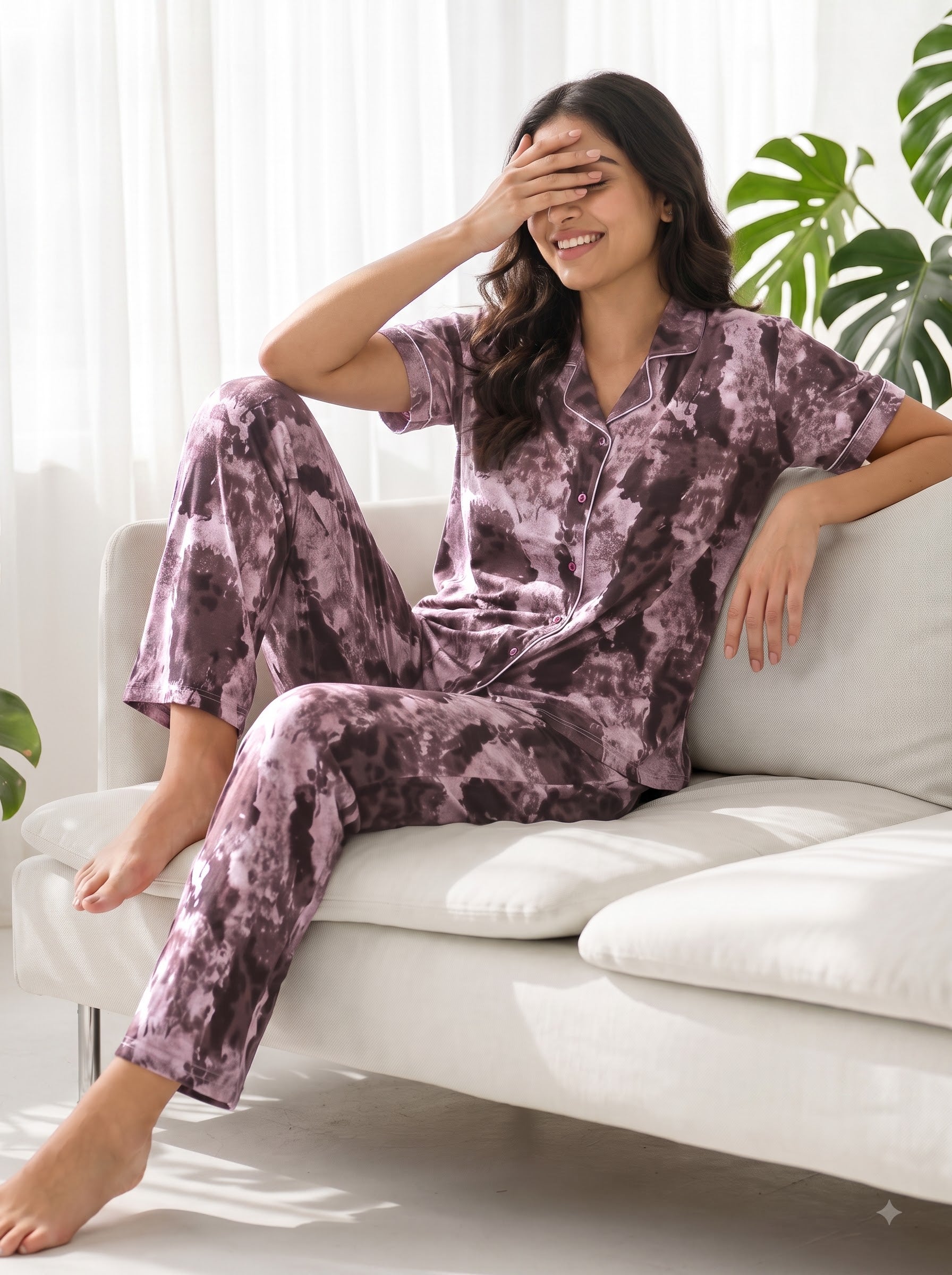 Women's Mauve Tie-Dye Collared Night Suit