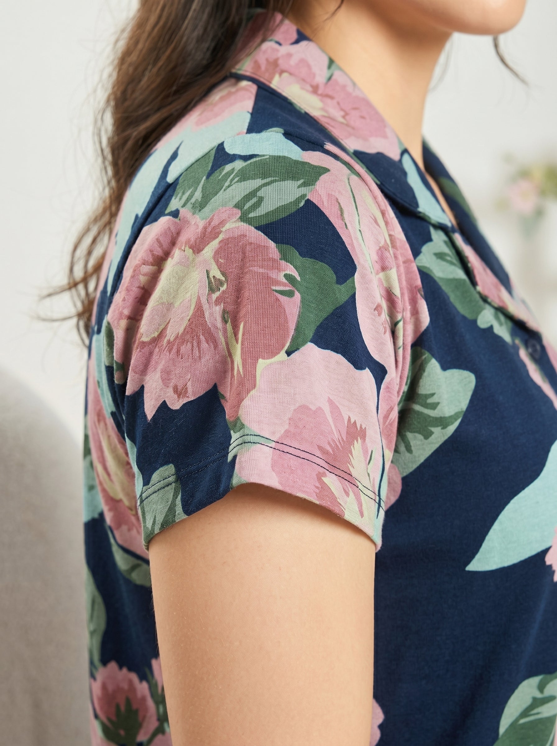 Navy Floral Collared Night Suit