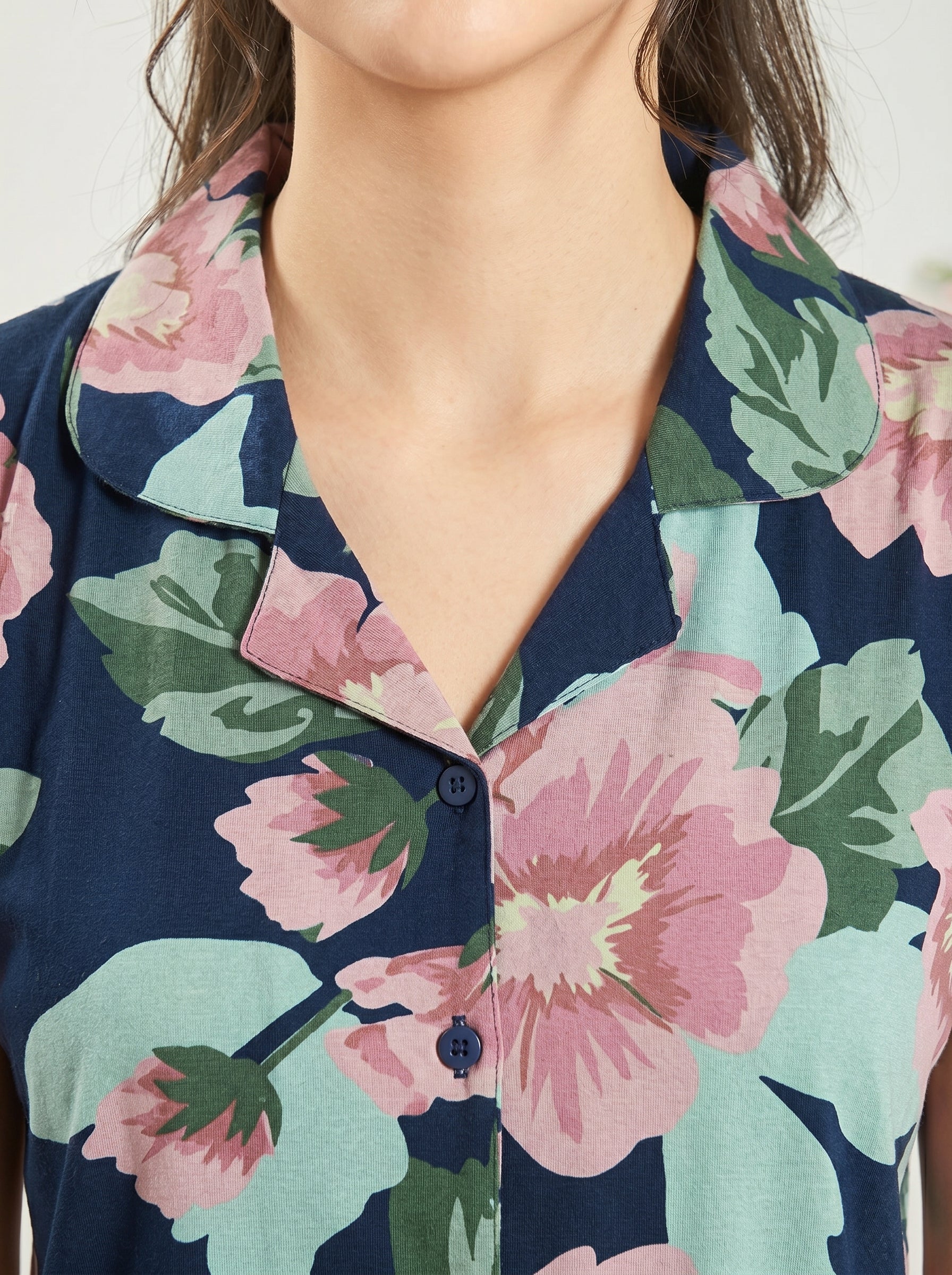 Navy Floral Collared Night Suit