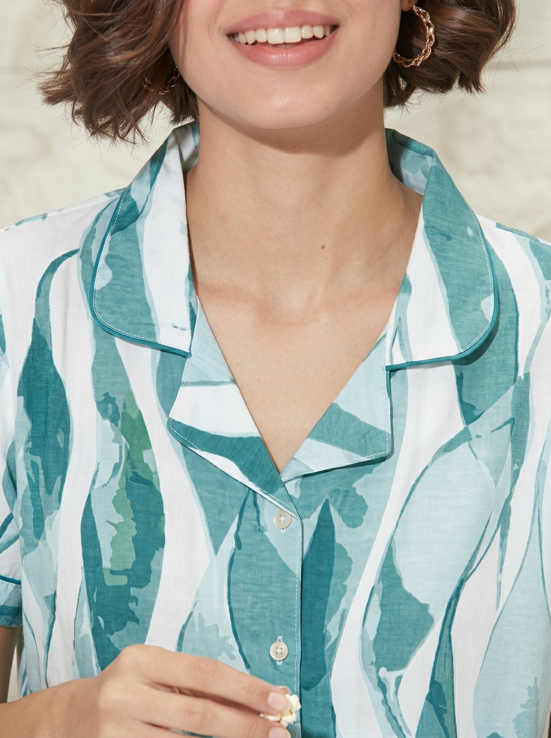 Teal Wave Collared Night Suit