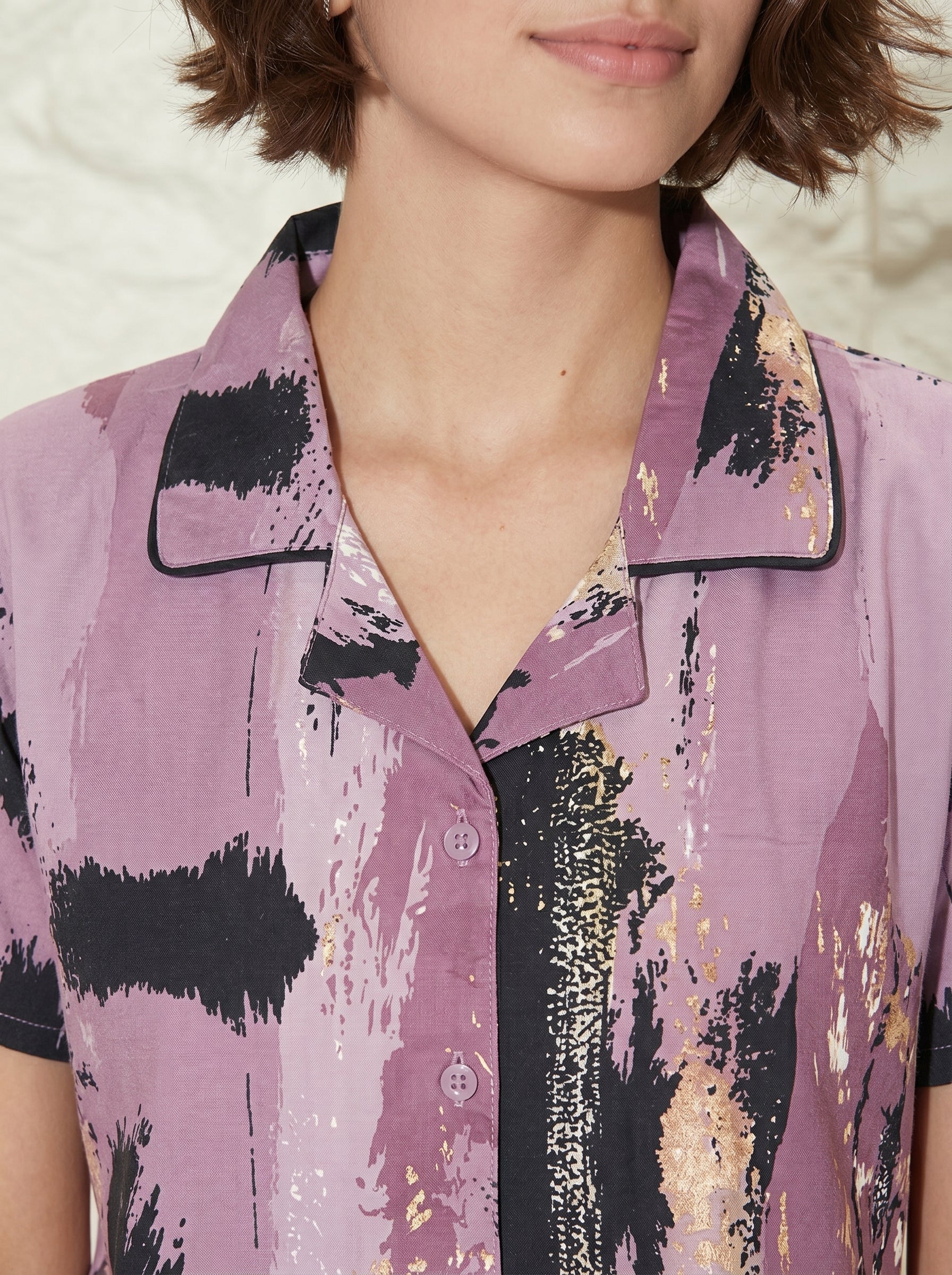 Lavender Brushstroke Collared Night Suit