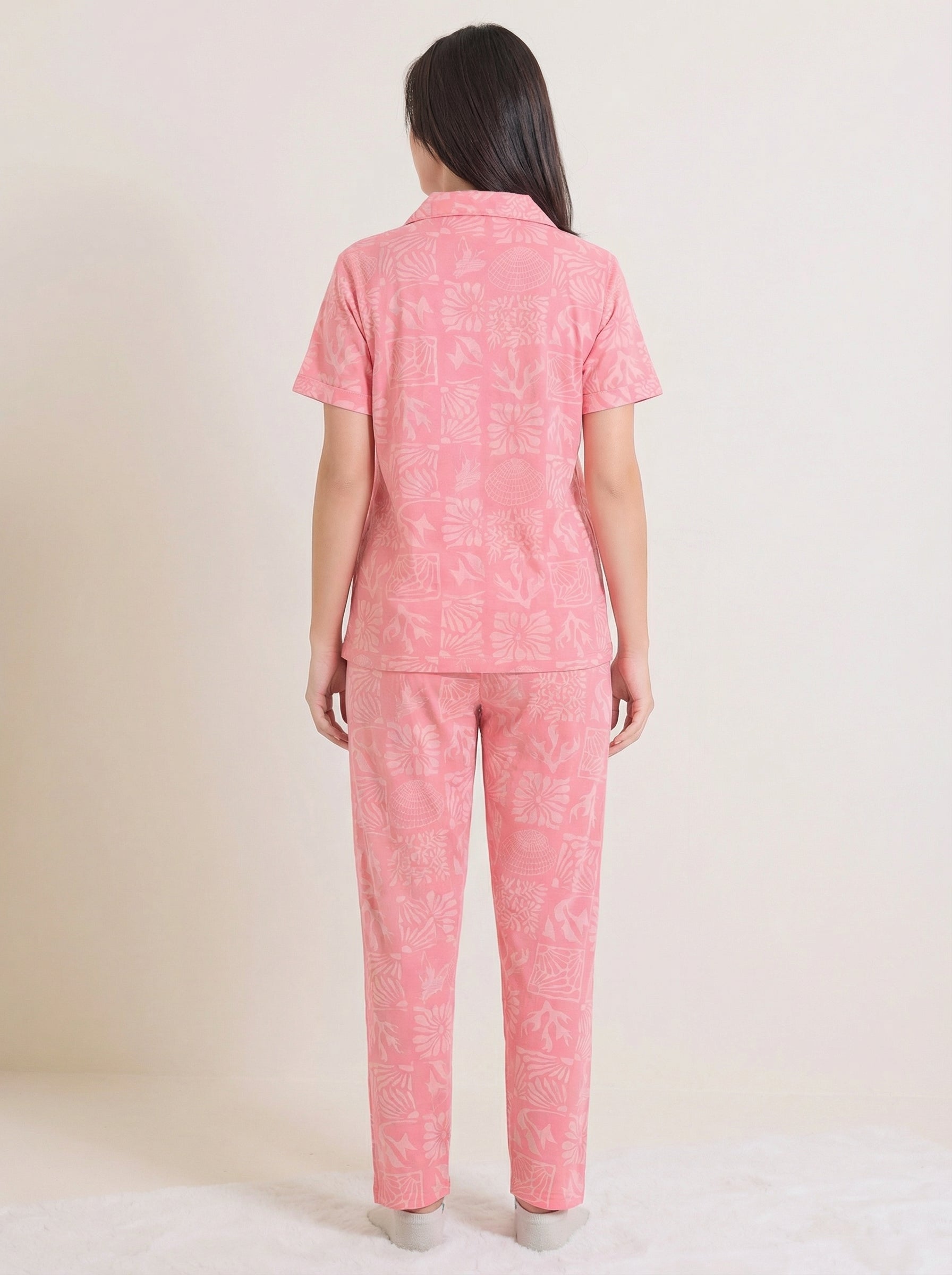 Coral Bloom Collared Hosiery Nightsuit