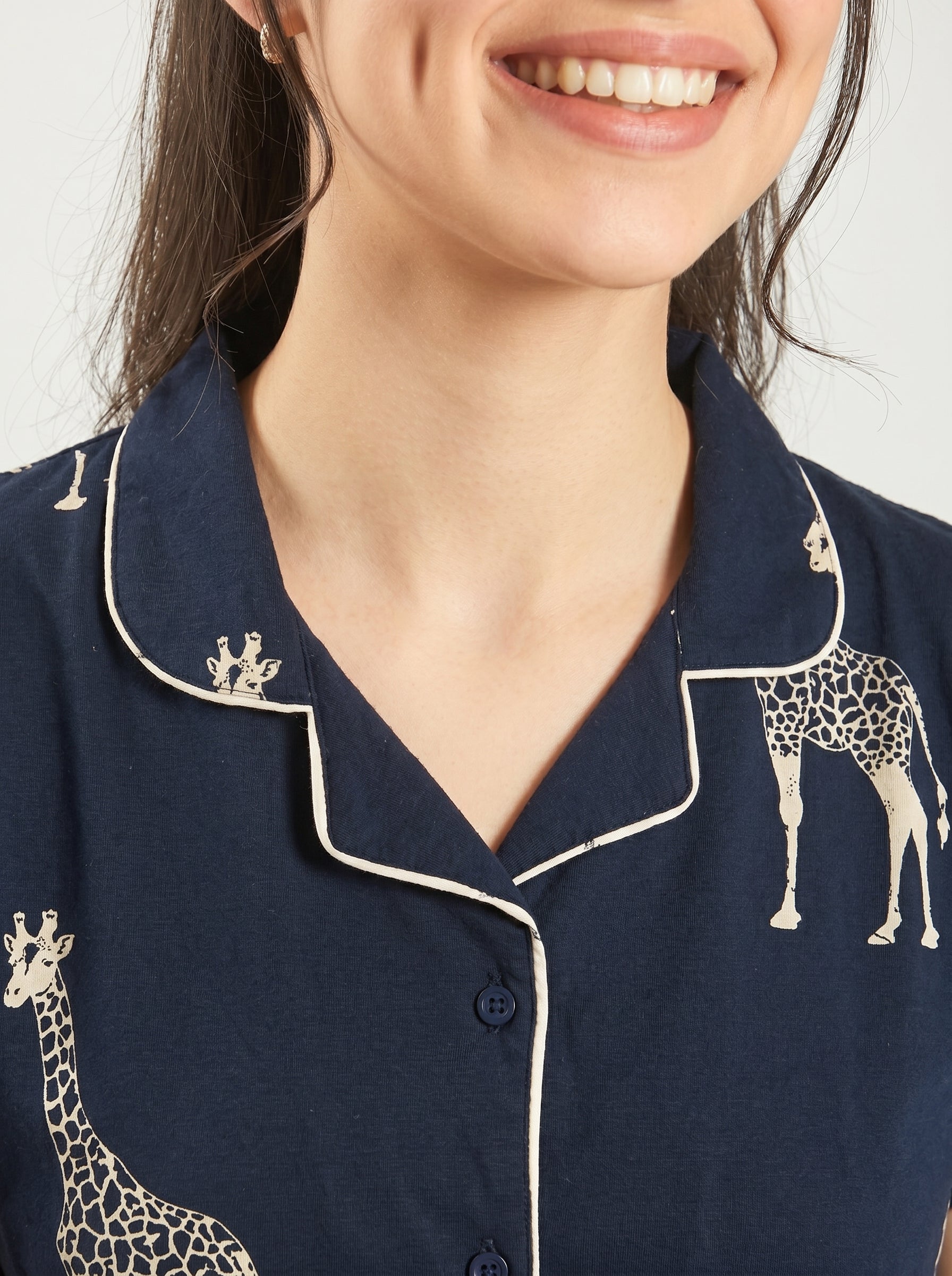 Navy Blue Giraffe Print Hosiery Collared Nightsuit