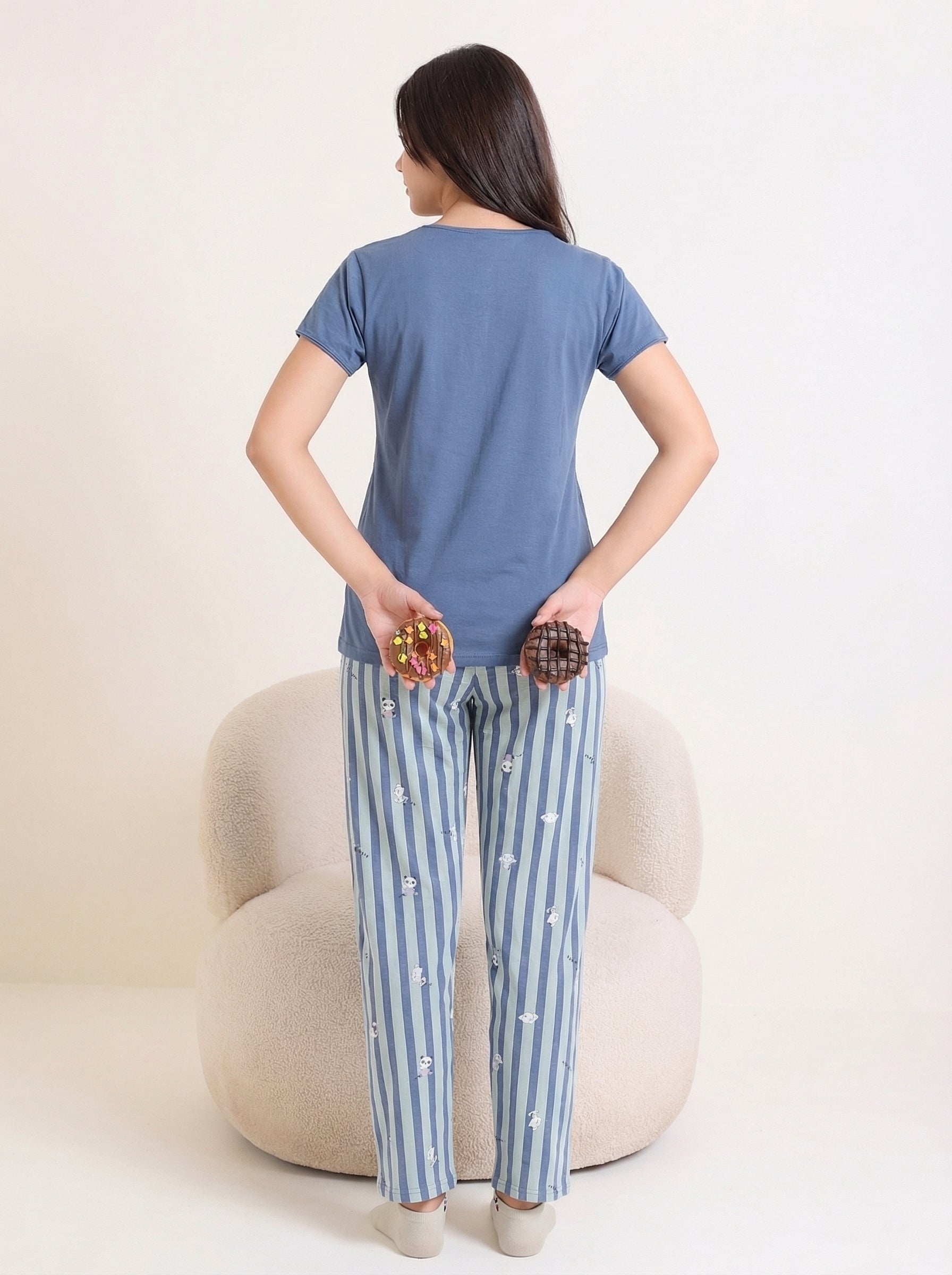 Blue Panda Stripe Nightsuit