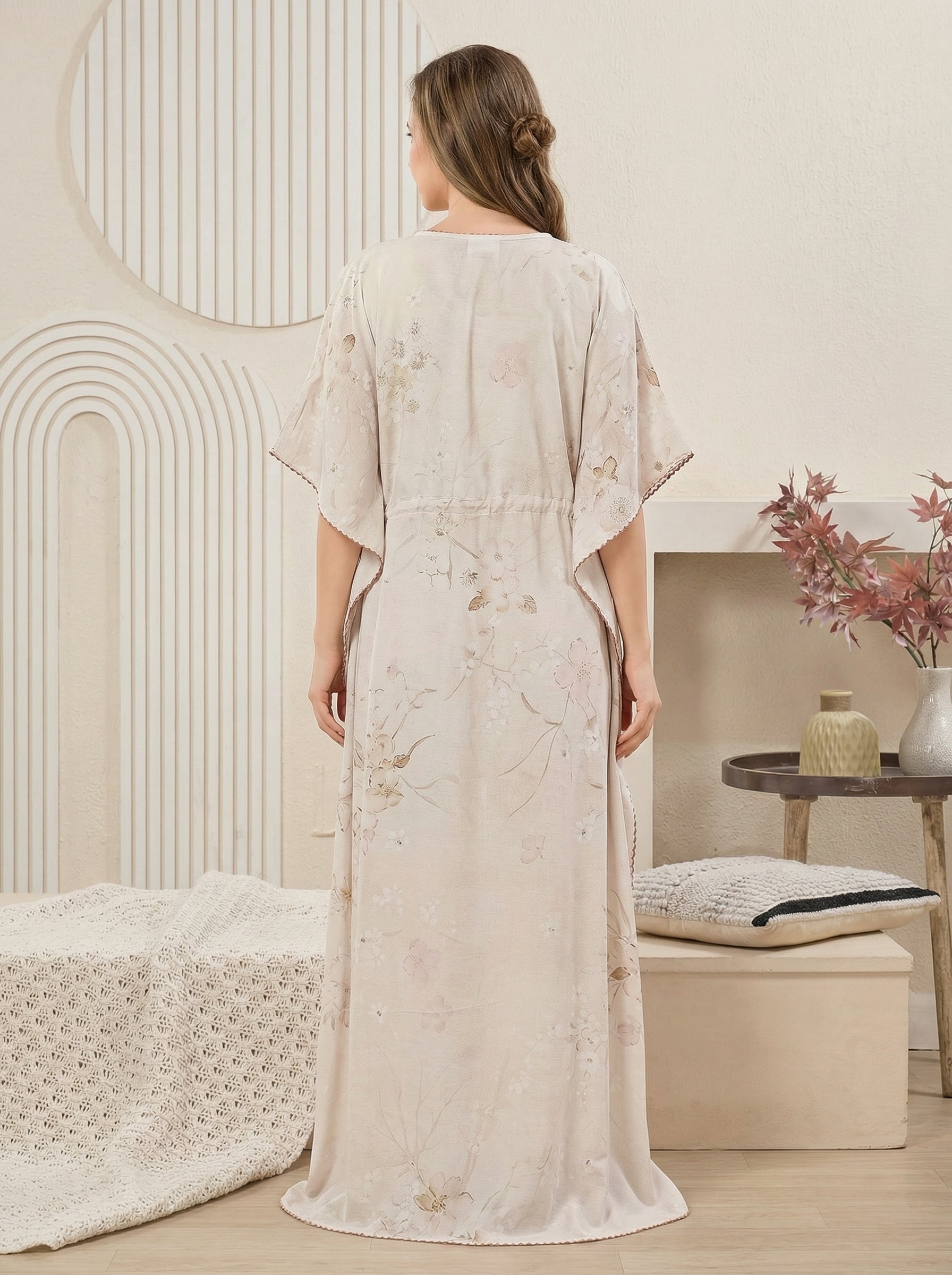 Soft Beige Floral Rayon Kaftan