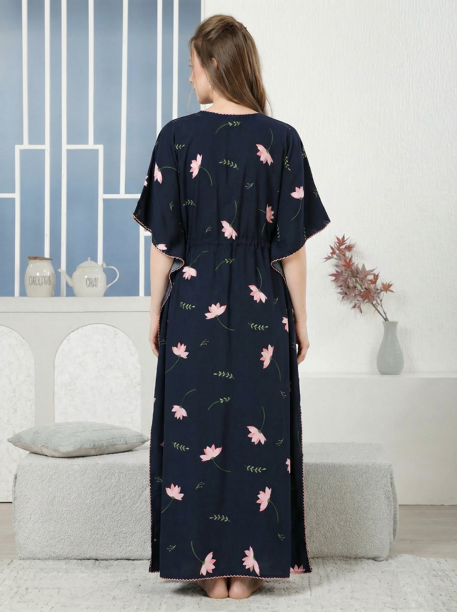 Navy Lotus Rayon Kaftan