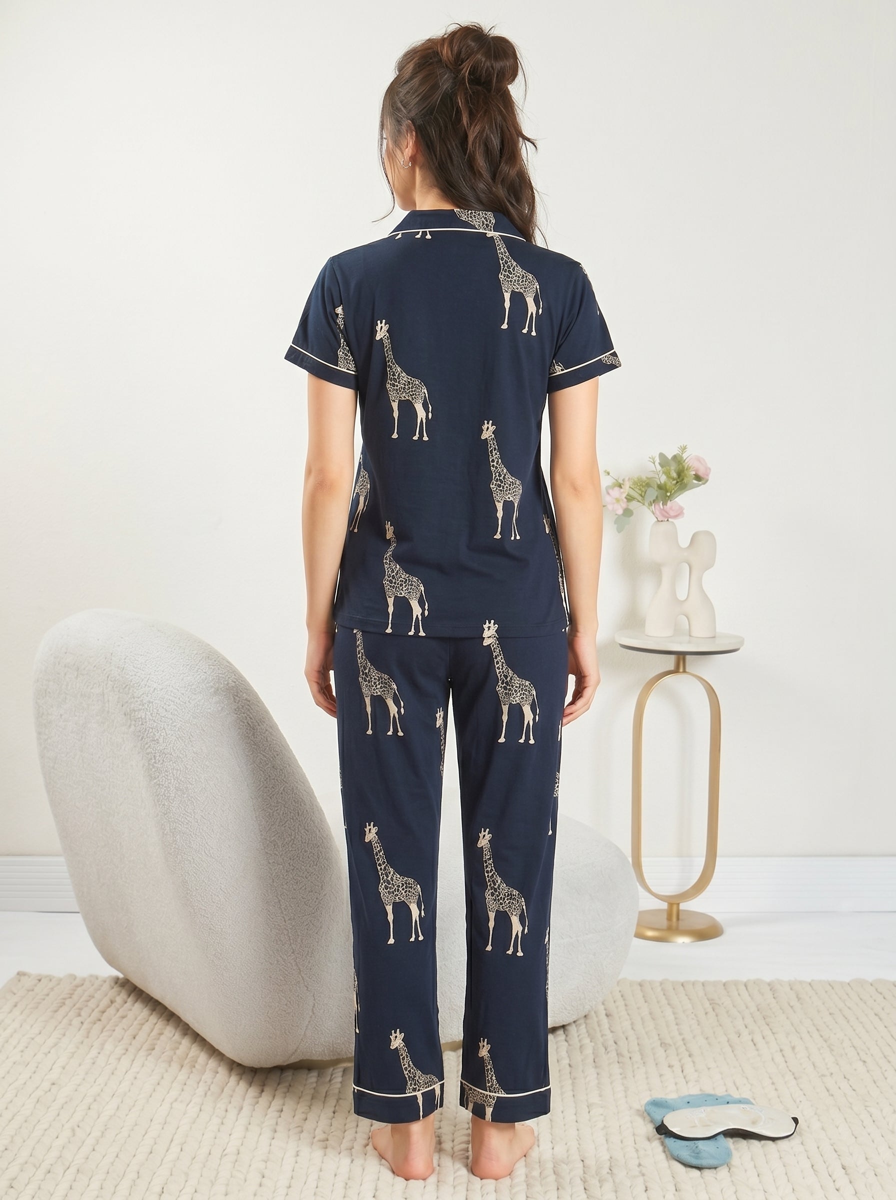 Navy Blue Giraffe Print Hosiery Collared Nightsuit