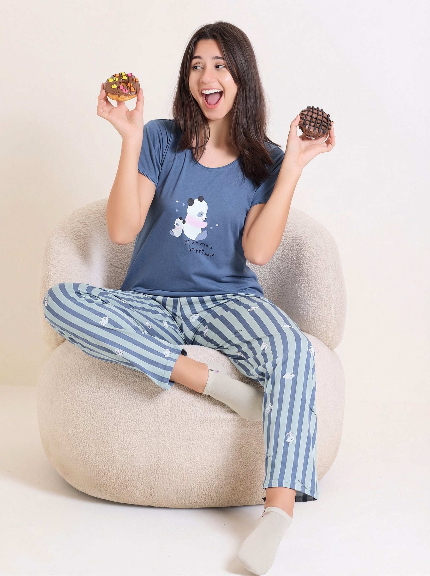 Blue Panda Stripe Nightsuit