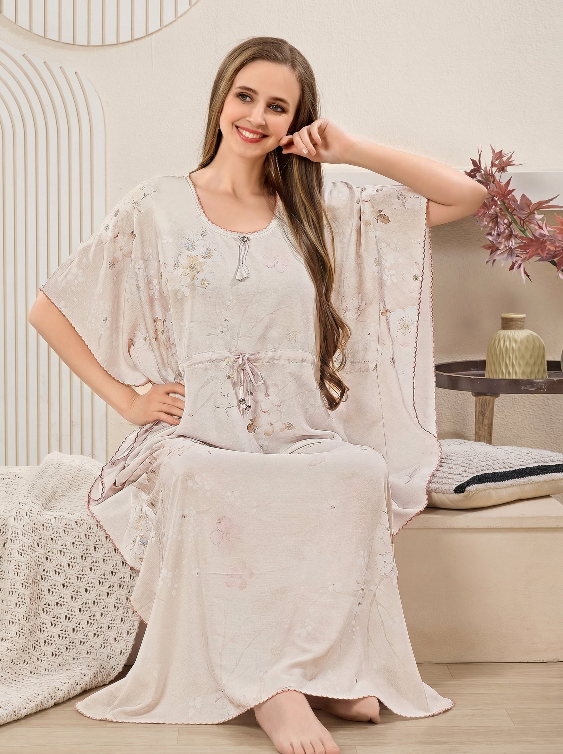 Soft Beige Floral Rayon Kaftan