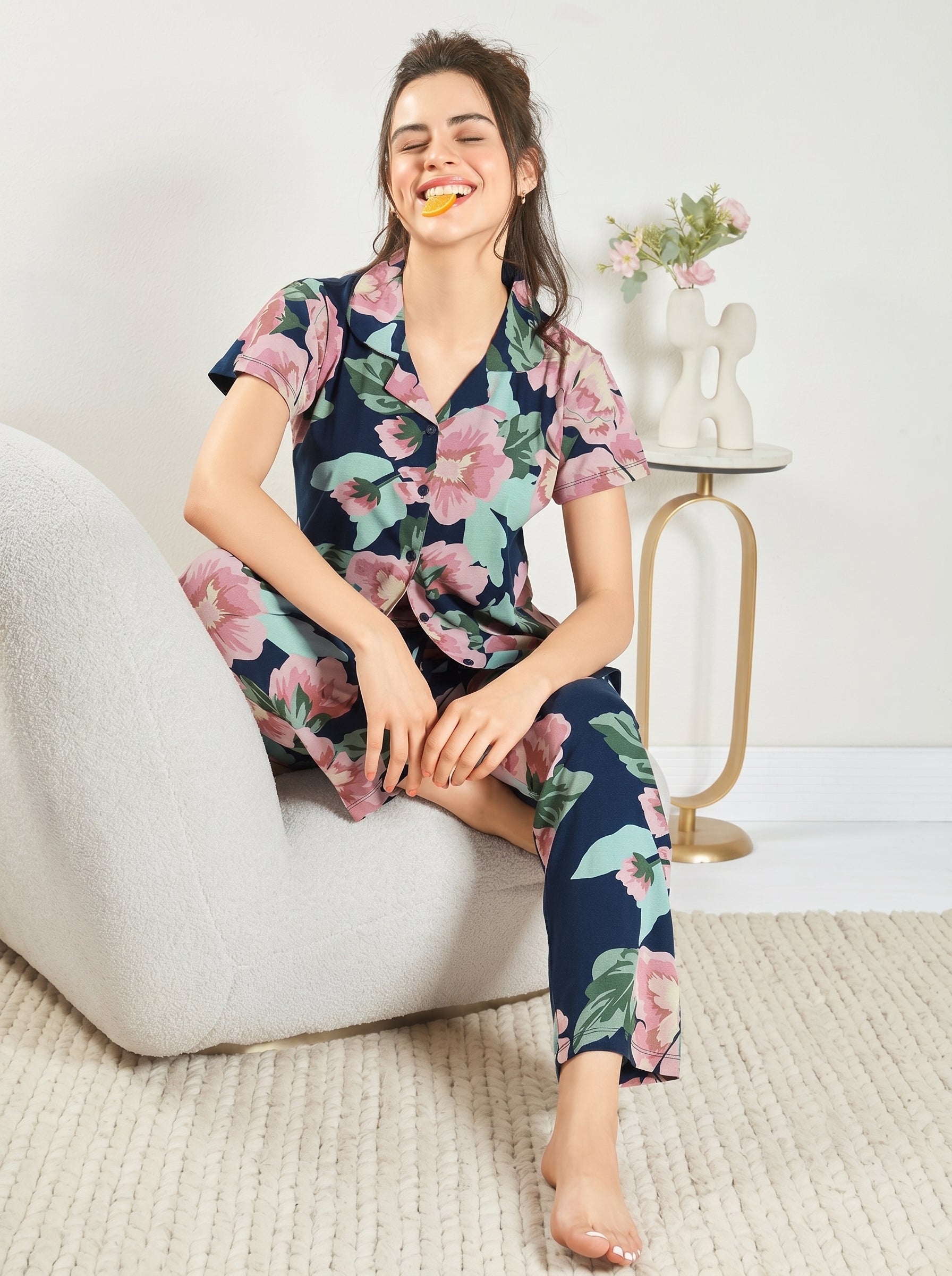 Navy Floral Collared Night Suit