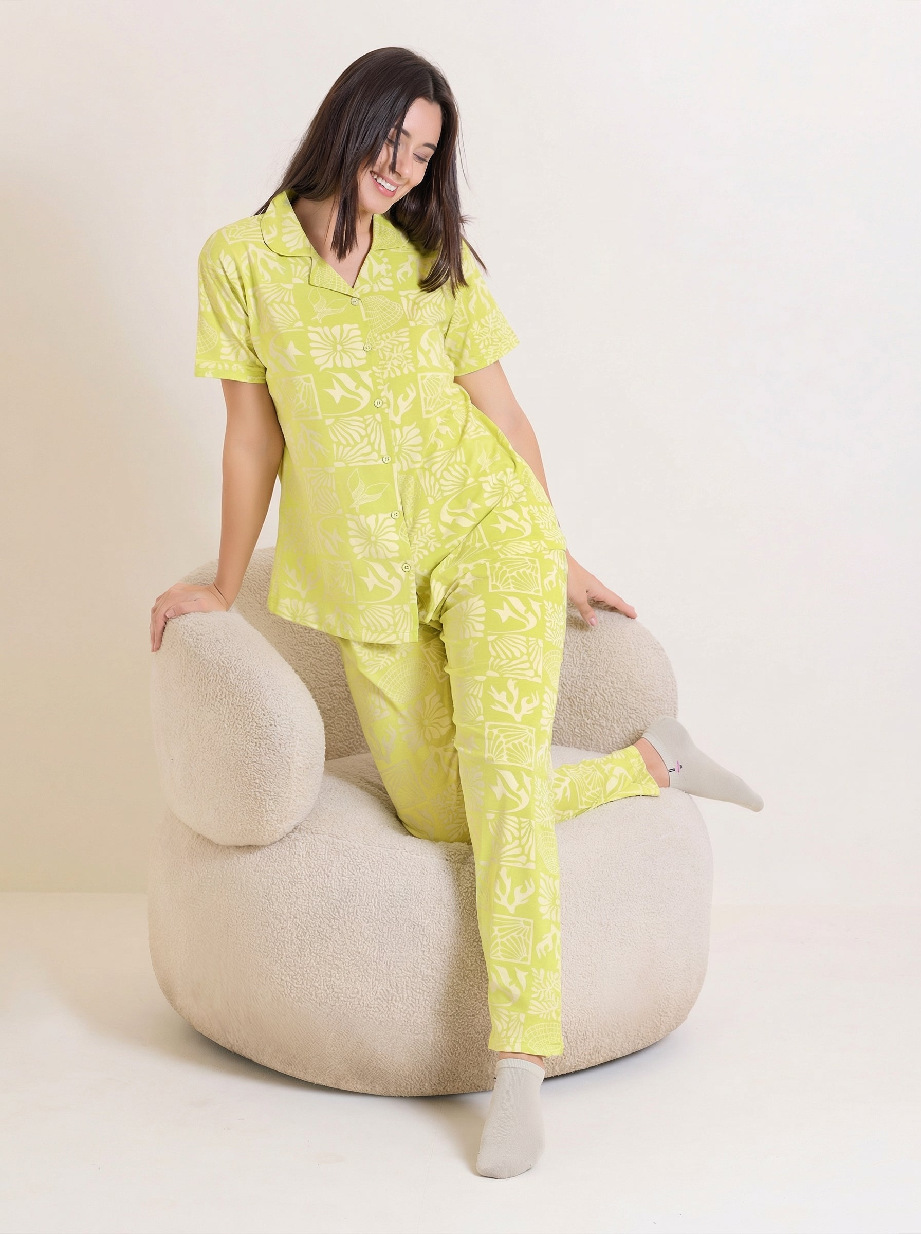 Lime Garden Collared Hosiery Nightsuit