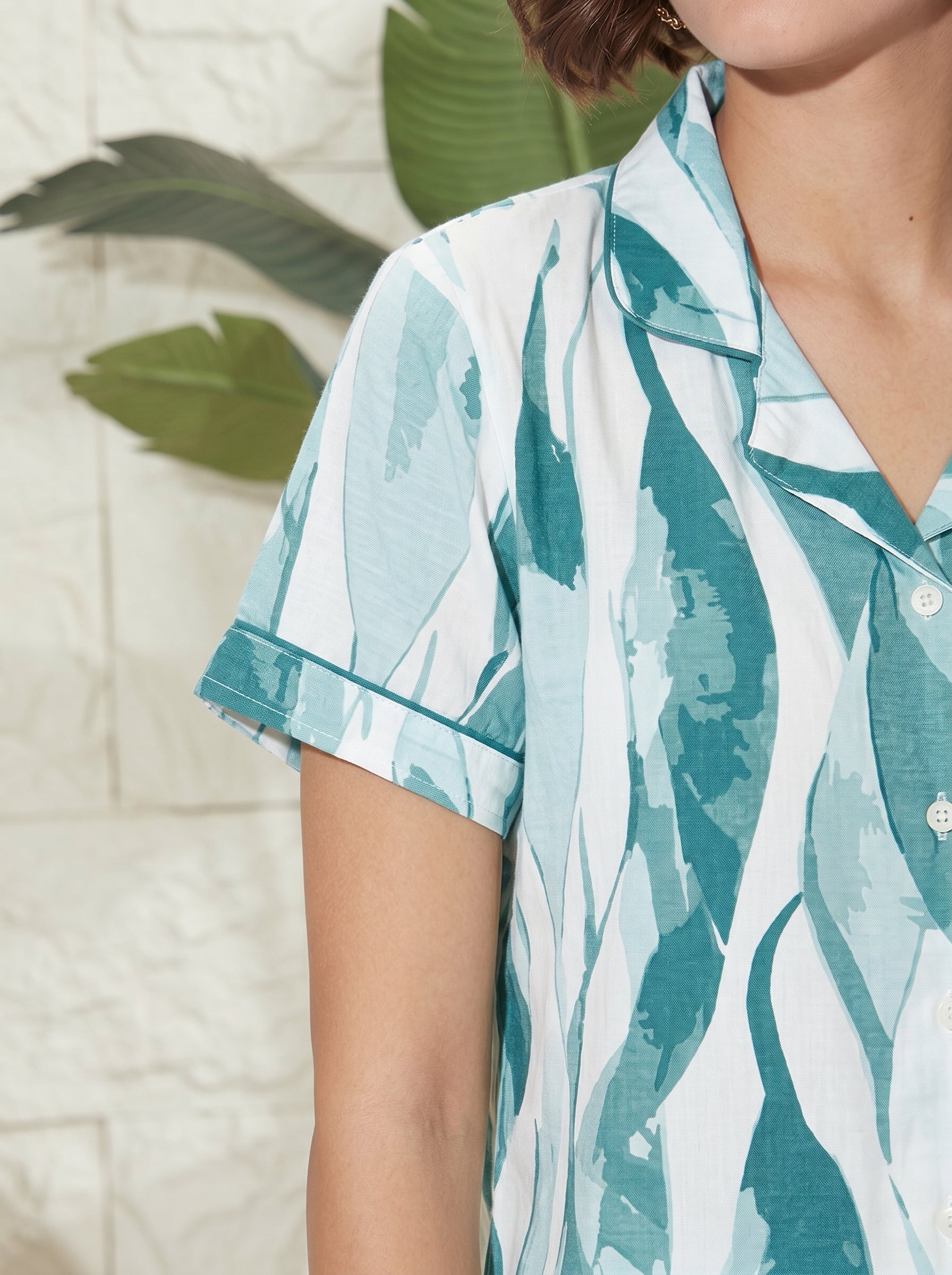 Teal Wave Collared Night Suit