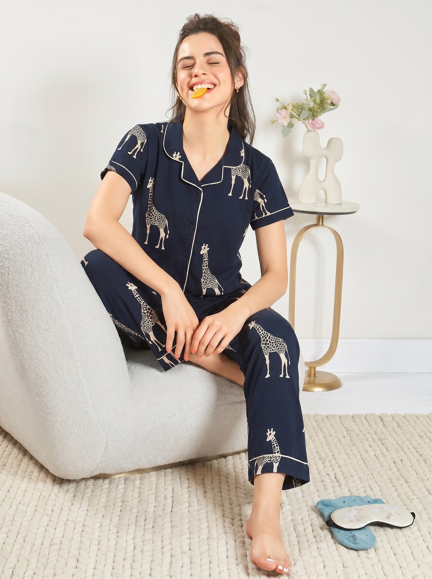 Navy Blue Giraffe Print Hosiery Collared Nightsuit